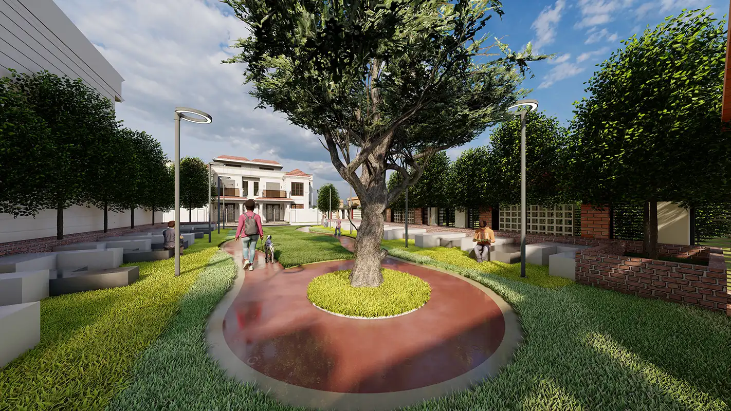 Gallery Garden park features central tree and scattered seating.