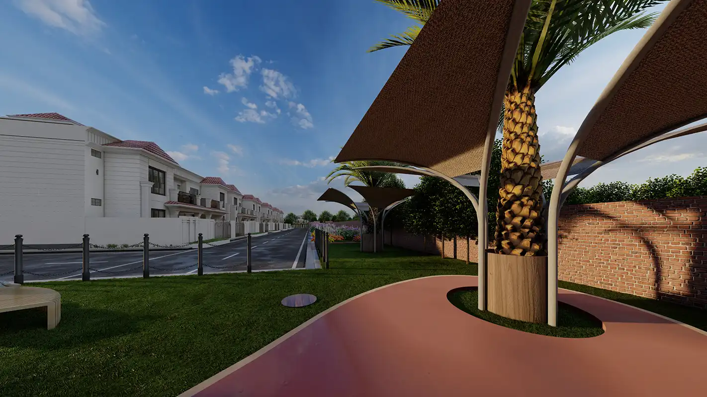 Gallery Stylish shade structure creates a perfect conversation nook.